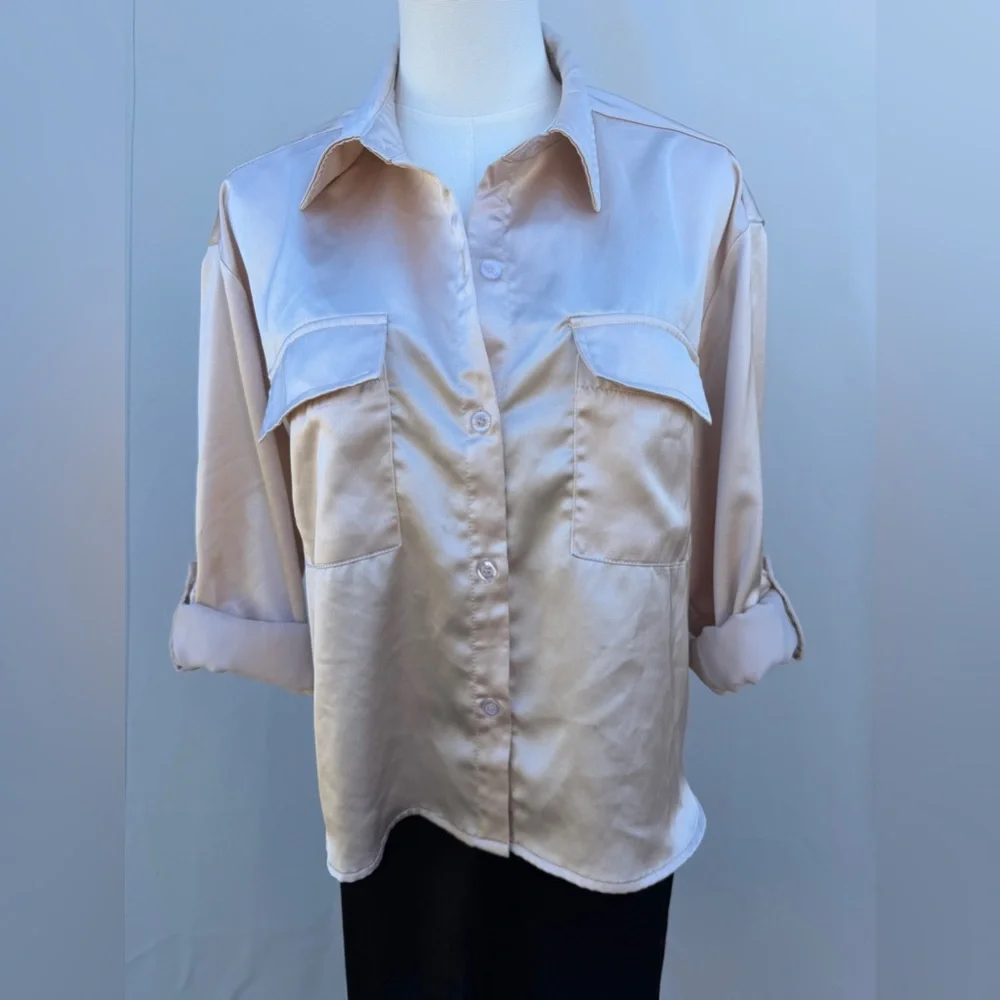 Champagne Satin Button-Up Blouse Size Large